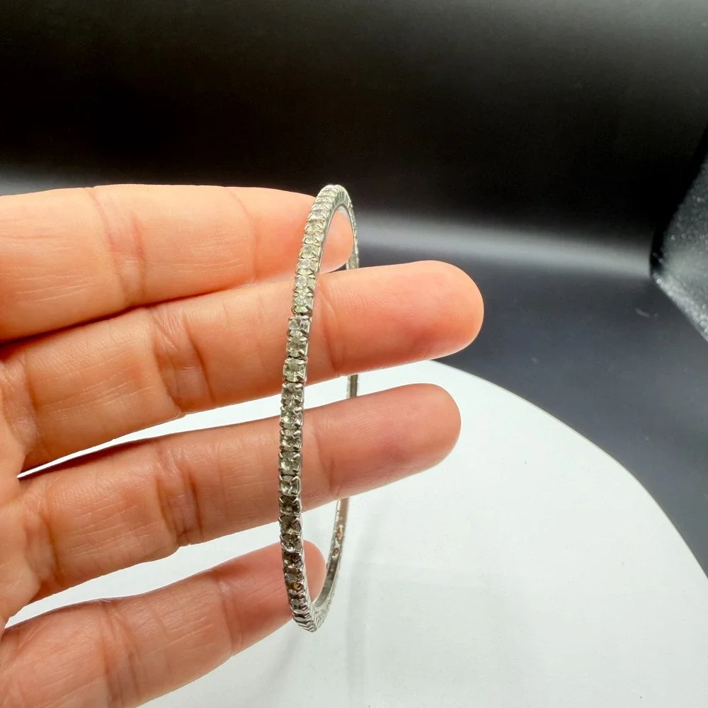 Silver Tone Clear Rhinestone Bangle Bracelet Prong Set Sparkle Statement Jewelry